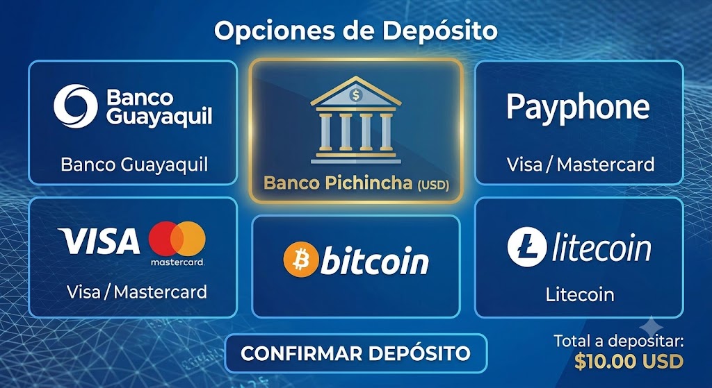 Opciones de depósito con Banco Pichincha seleccionado y total USD 10